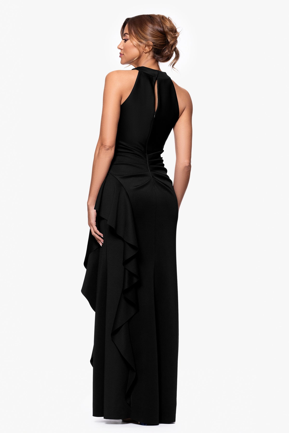 XSCAPE "Gigi" Techno Scuba Cross Neck Ruffle Dress
