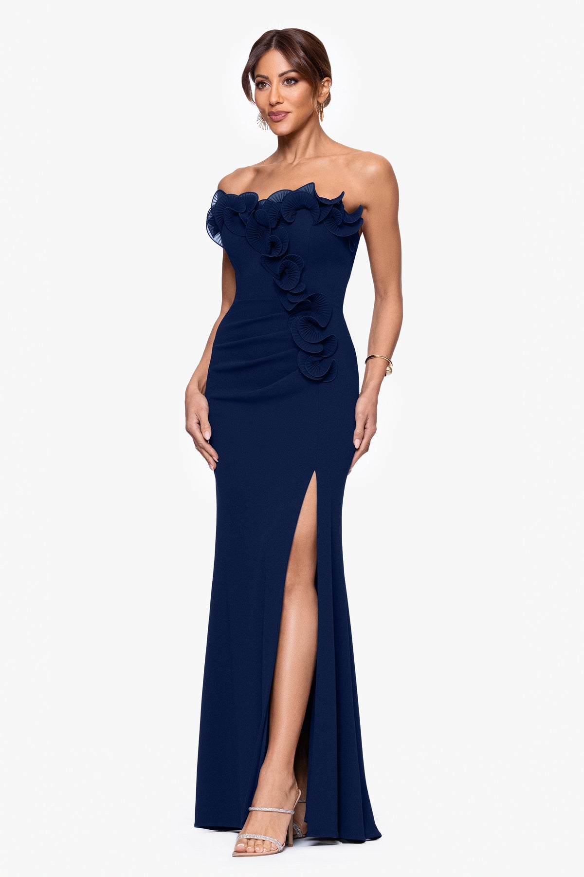 XSCAPE "Kimberly" Scuba Crepe Chiffon Ruffle Strapless Dress
