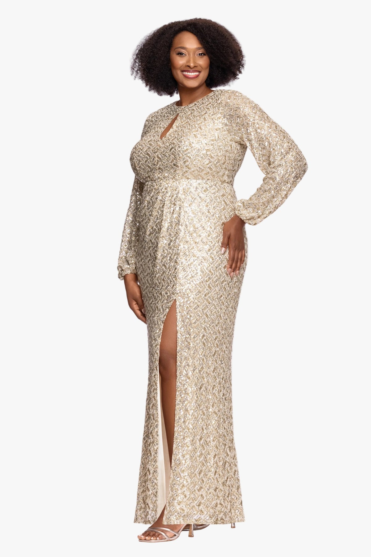 XSCAPE Plus "Alessia" Sequin Long Sleeve Keyhole Dress