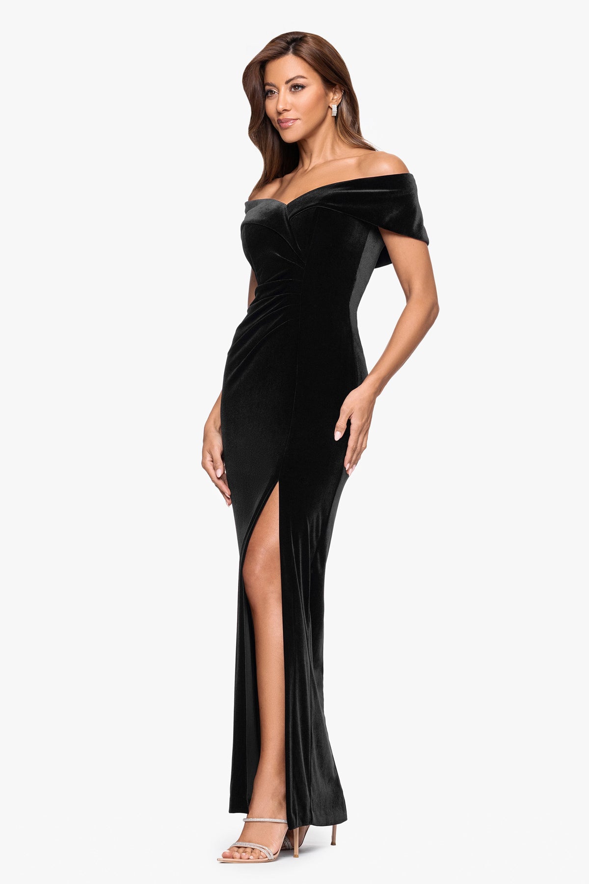 XSCAPE "Charmaine" Velvet Off The Shoulder Gown