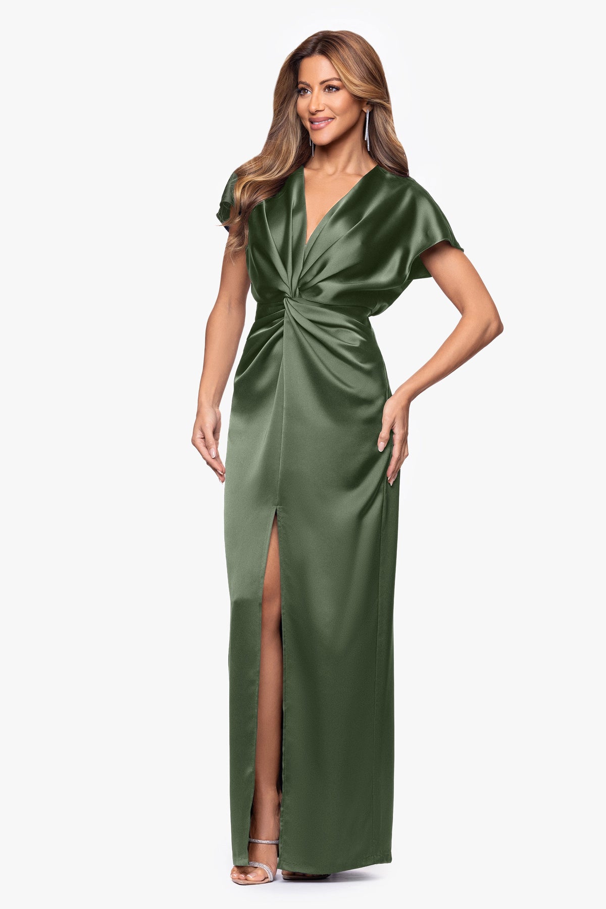 XSCAPE "Evelyn" Satin Short Sleeve V-Neck Tie Dress