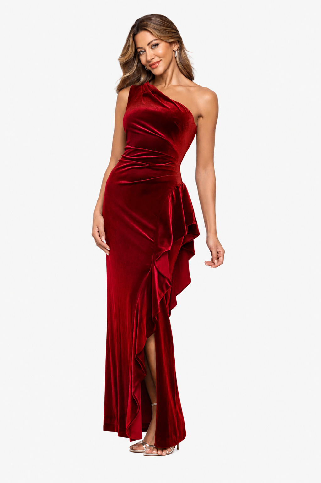 XSCAPE "Gemma" Stretch Velvet One Shoulder Ruffle Dress