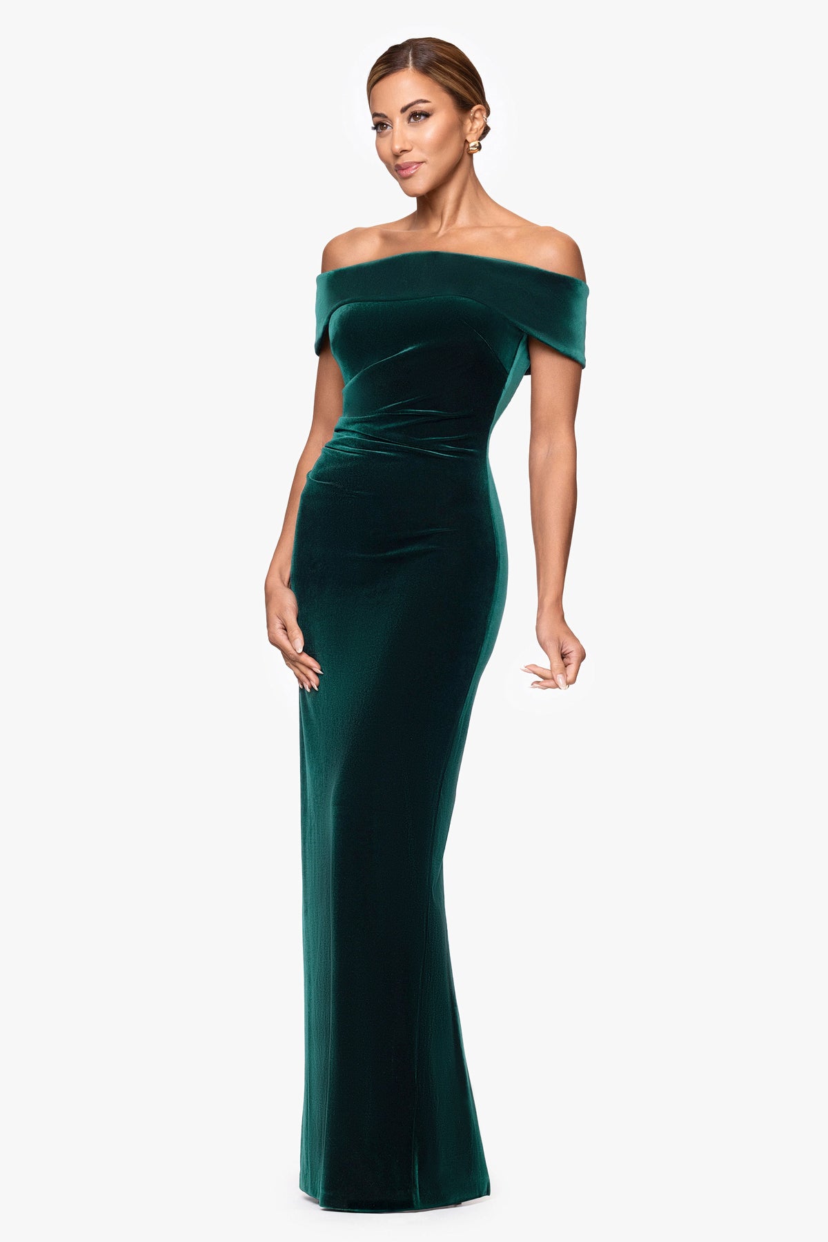 XSCAPE "Lori" Velvet Off The Shoulder Ruched Dress