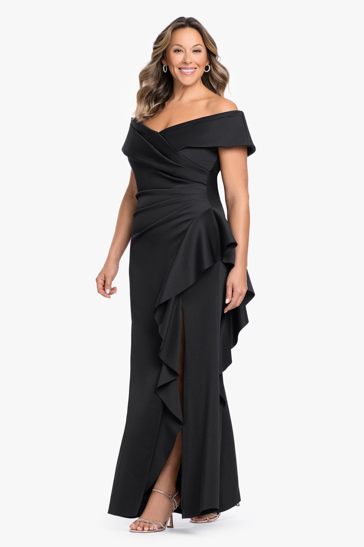 XSCAPE Plus "Pearl" Techno Scuba Off the Shoulder Ruffle Dress