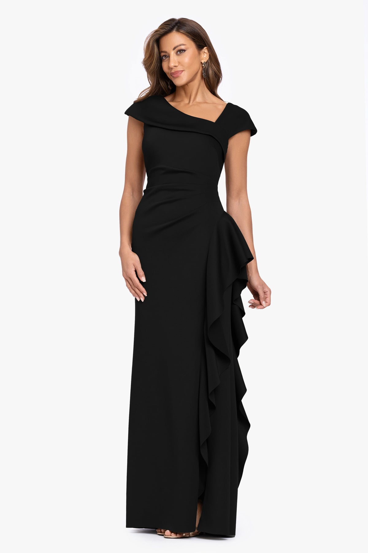 XSCAPE "Rory" Petite Techno Scuba Asymmetrical Side Ruffle Dress