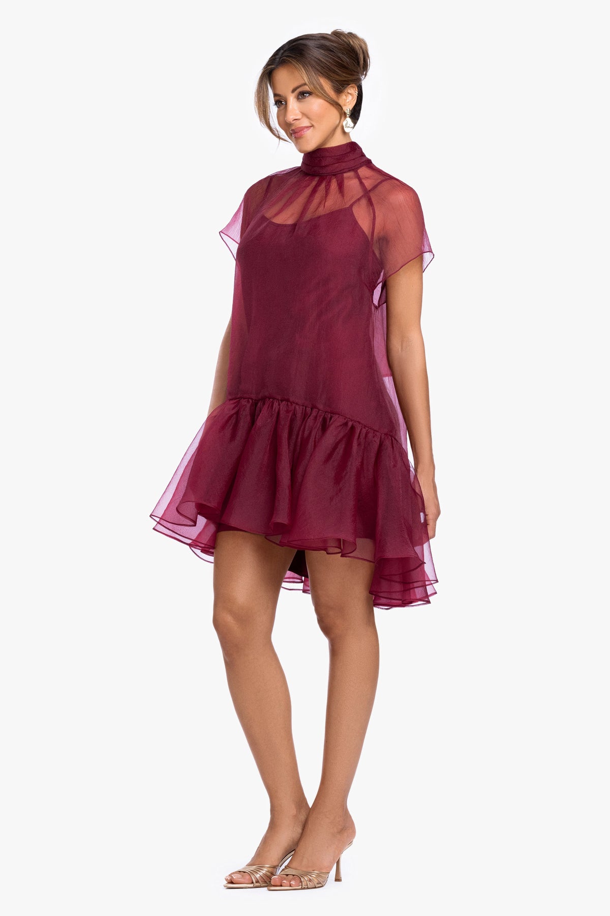 XSCAPE "Shauna" Organza Shift Mock Neck Short Dress