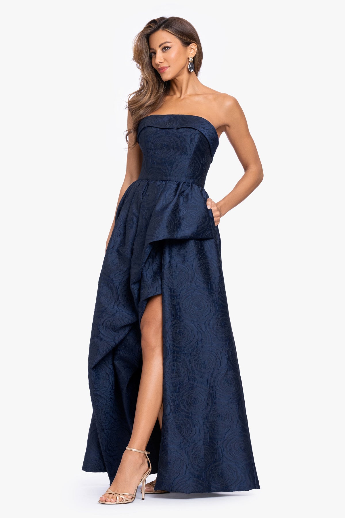 XSCAPE "Theo" Brocade Strapless Ruffle Dress