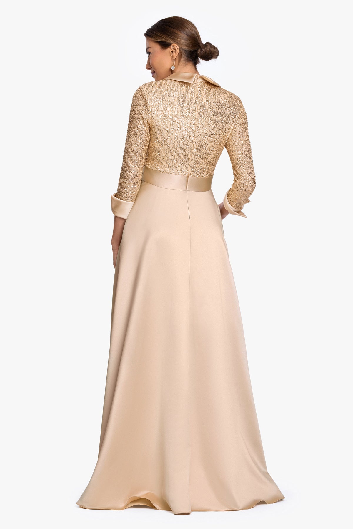 XSCAPE "Megan" Tuxedo Sequin & Lamour Satin Ballgown