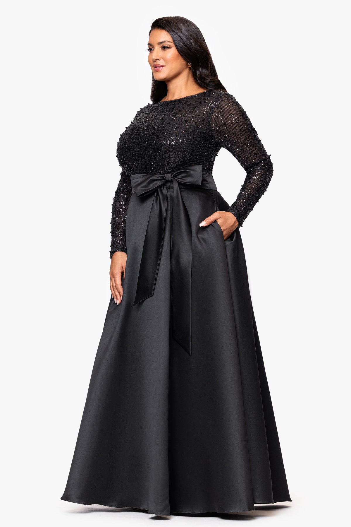XSCAPE Plus "Amanda" Sequin Top & Satin Skirt Dress