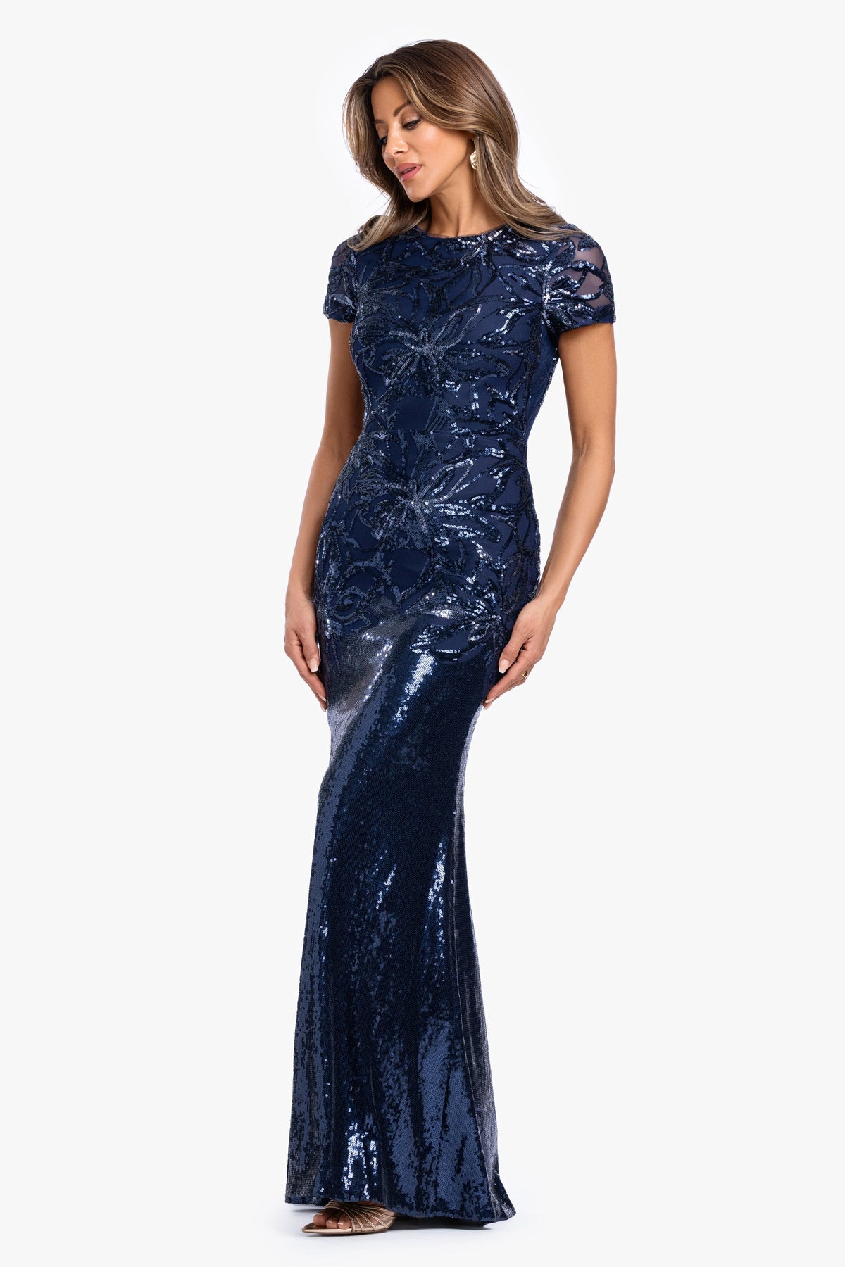 XSCAPE "Violet" Sequin Cap Sleeve Gown