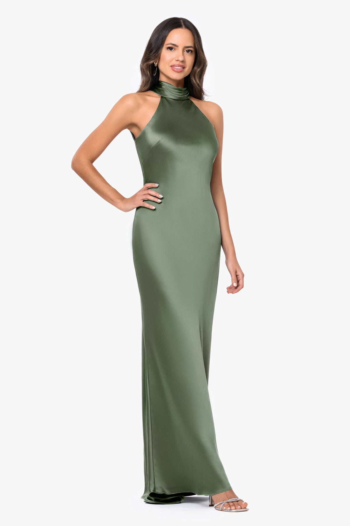 XSCAPE Petite "Ruth" Satin High Tie Neck Backless Dress