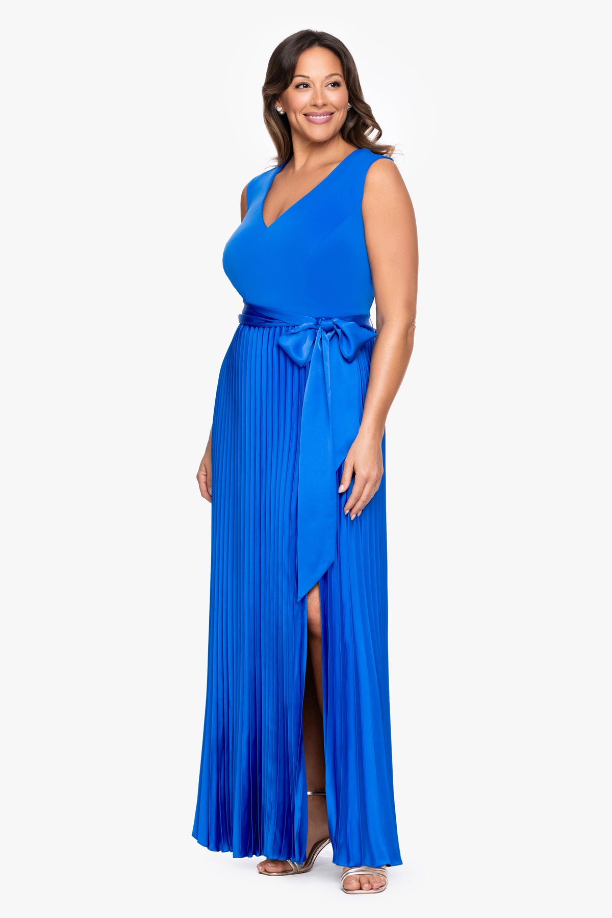 XSCAPE Plus "Cypress" Techno Scuba & Satin Pleated Tie Skirt Dress