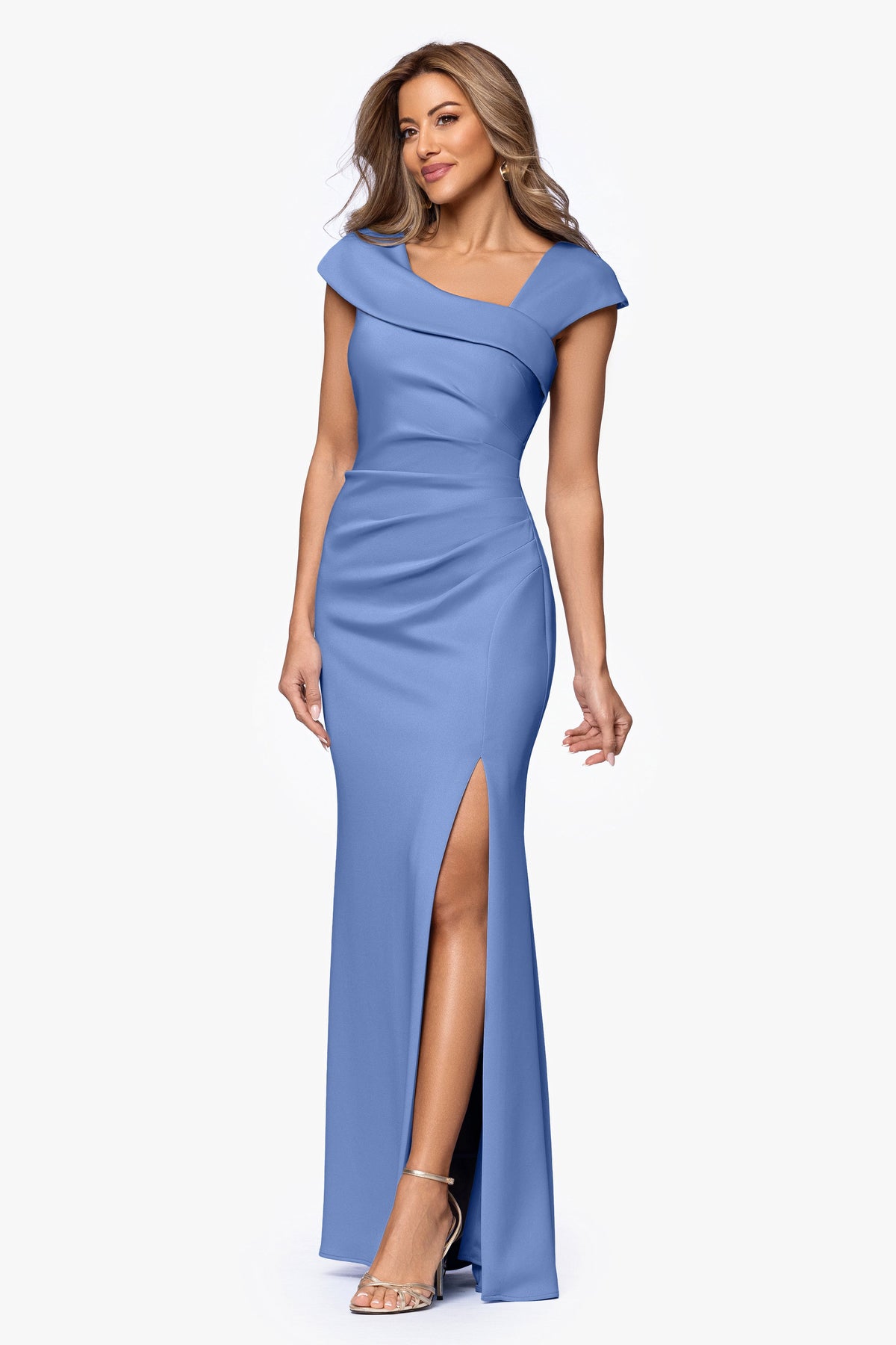 XSCAPE "Lenore" Techno Scuba Asymmetrical Neckline Dress