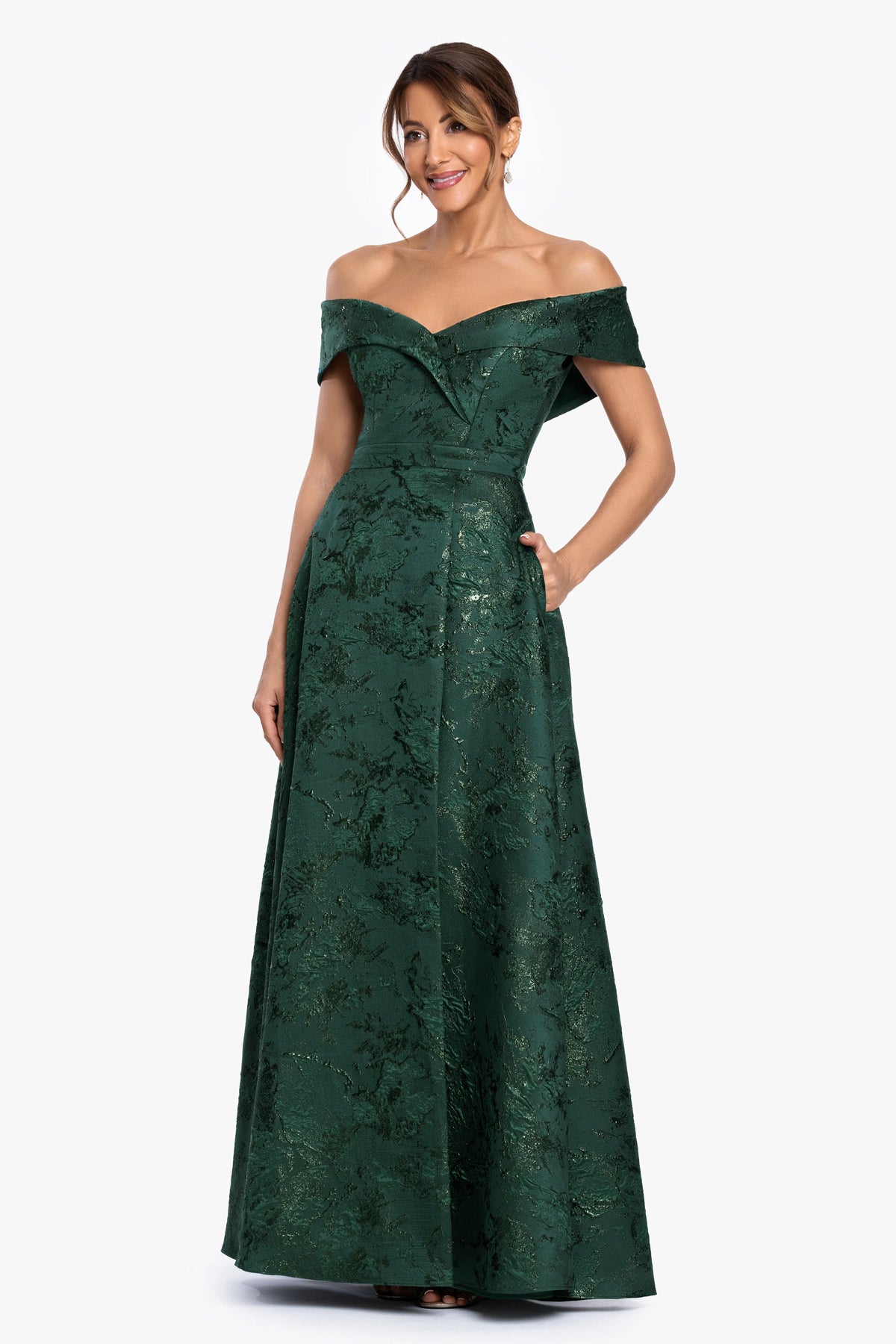 XSCAPE Petite "Daphne" Brocade Off Shoulder Dress
