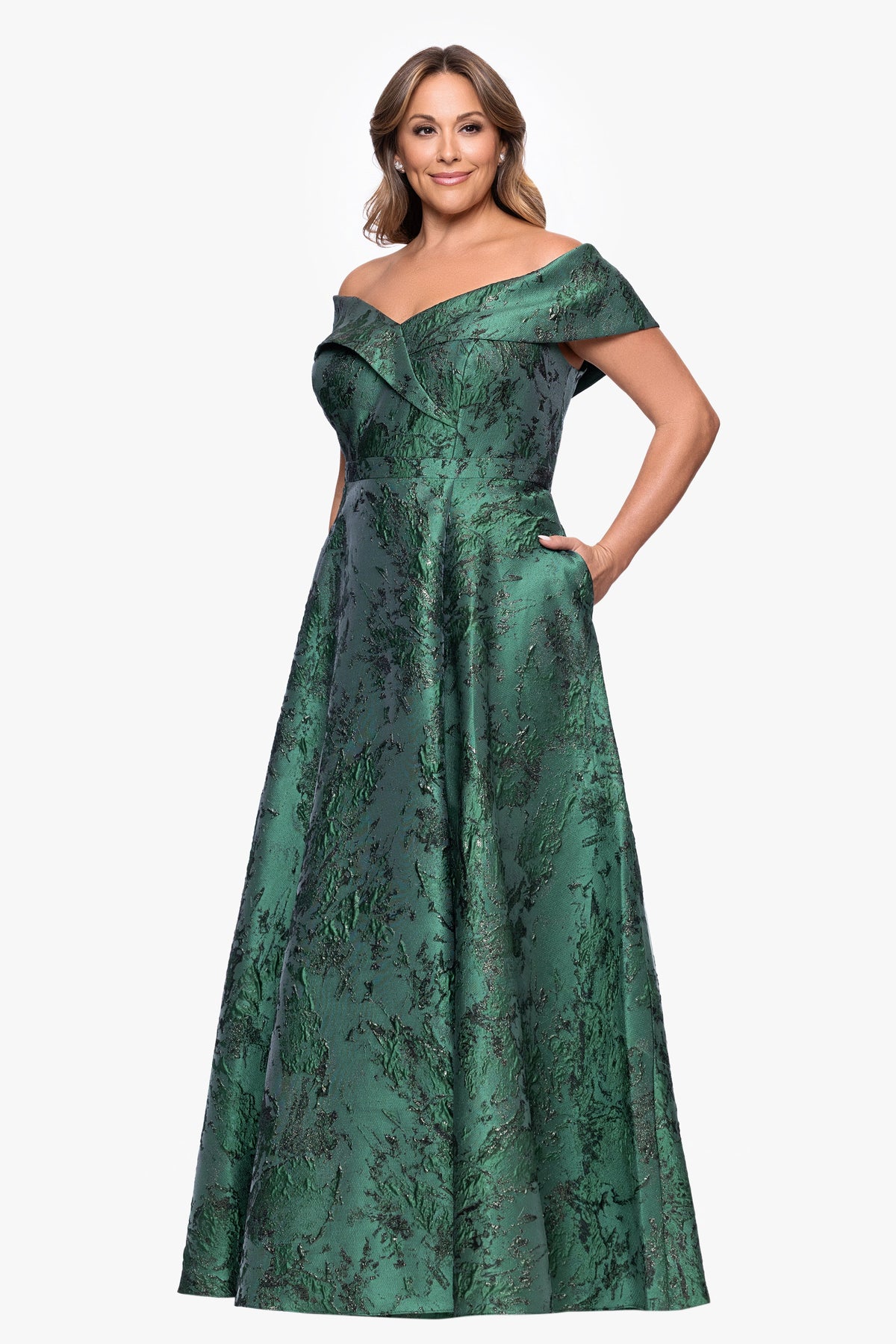 XSCAPE Plus "Daphne" Brocade Off Shoulder Dress