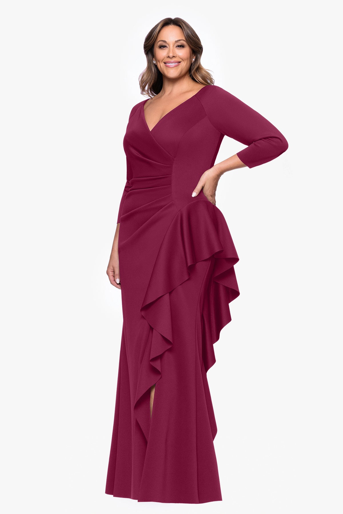 XSCAPE Plus "Amber" Techno Scuba 3/4 Sleeve V-Neck Ruffle Dress