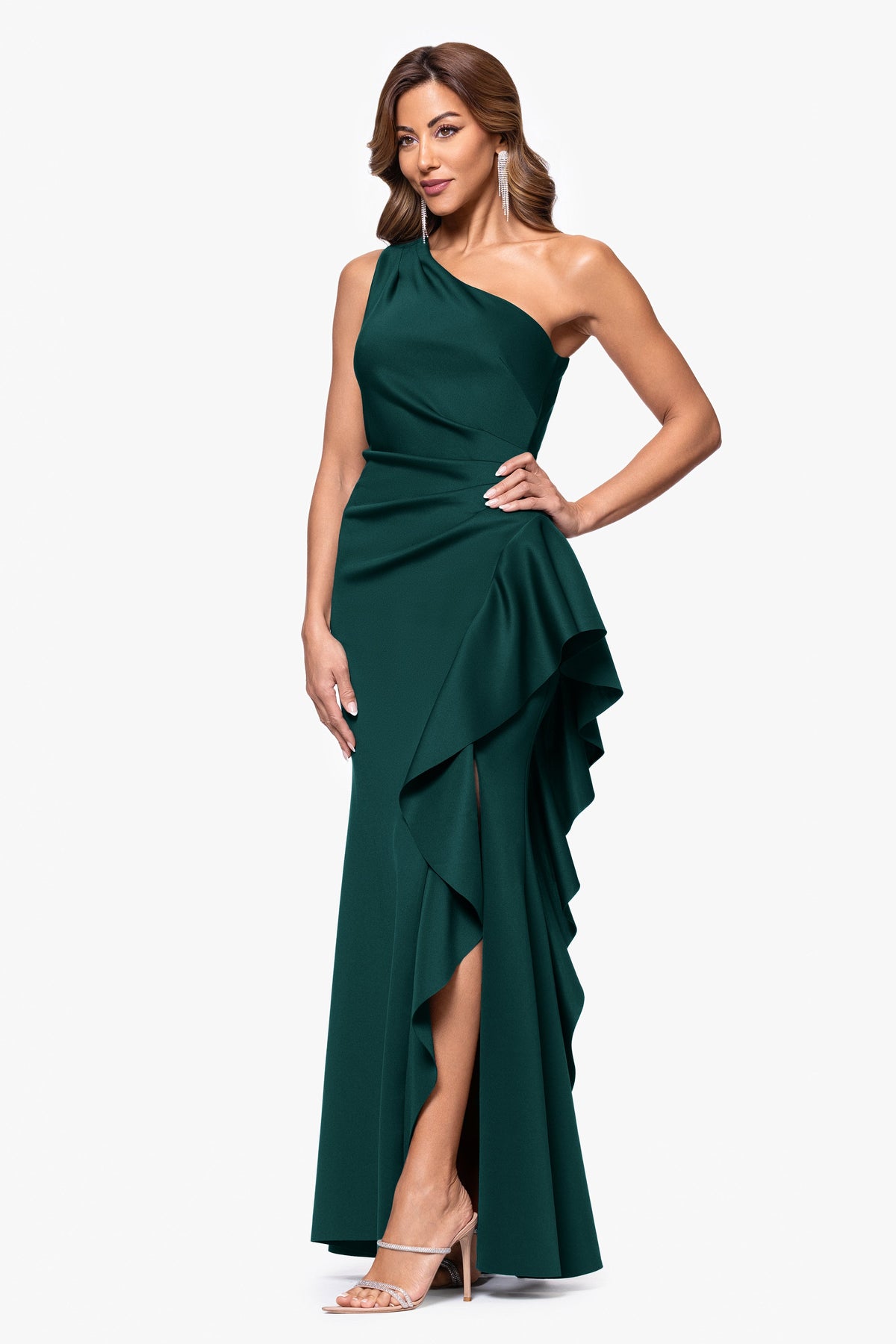 XSCAPE "Flo" Techno Scuba One Shoulder Ruffle Dress