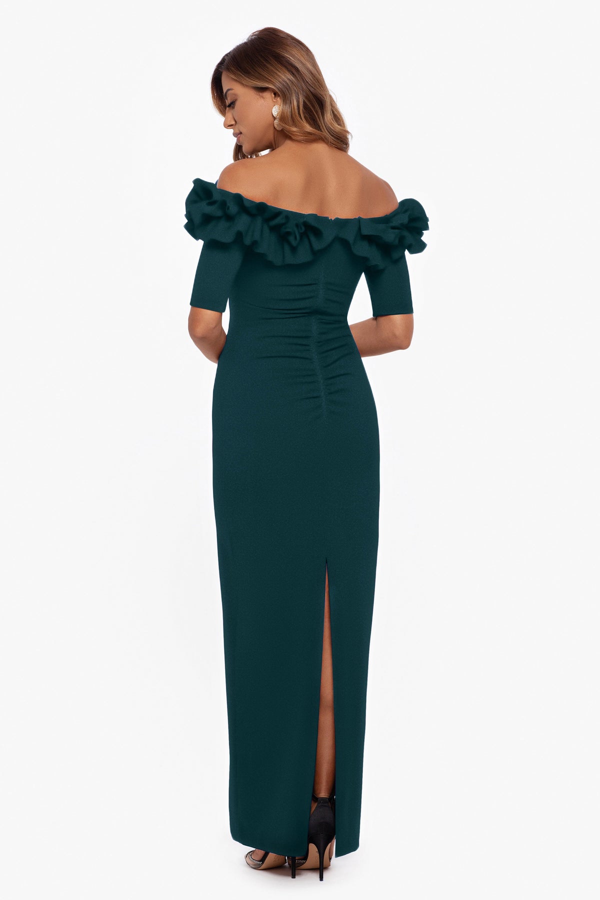 XSCAPE "Isla" Scuba Crepe Off The Shoulder Ruffle Dress