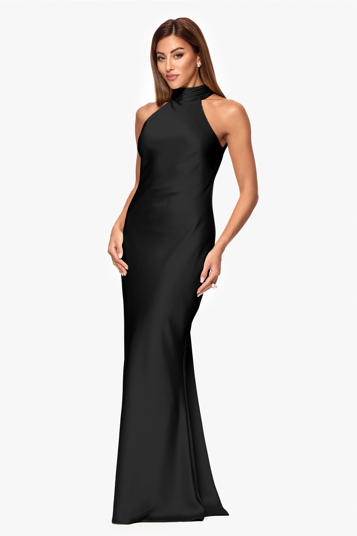 XSCAPE "Ruth" Satin High Tie Neck Backless Dress