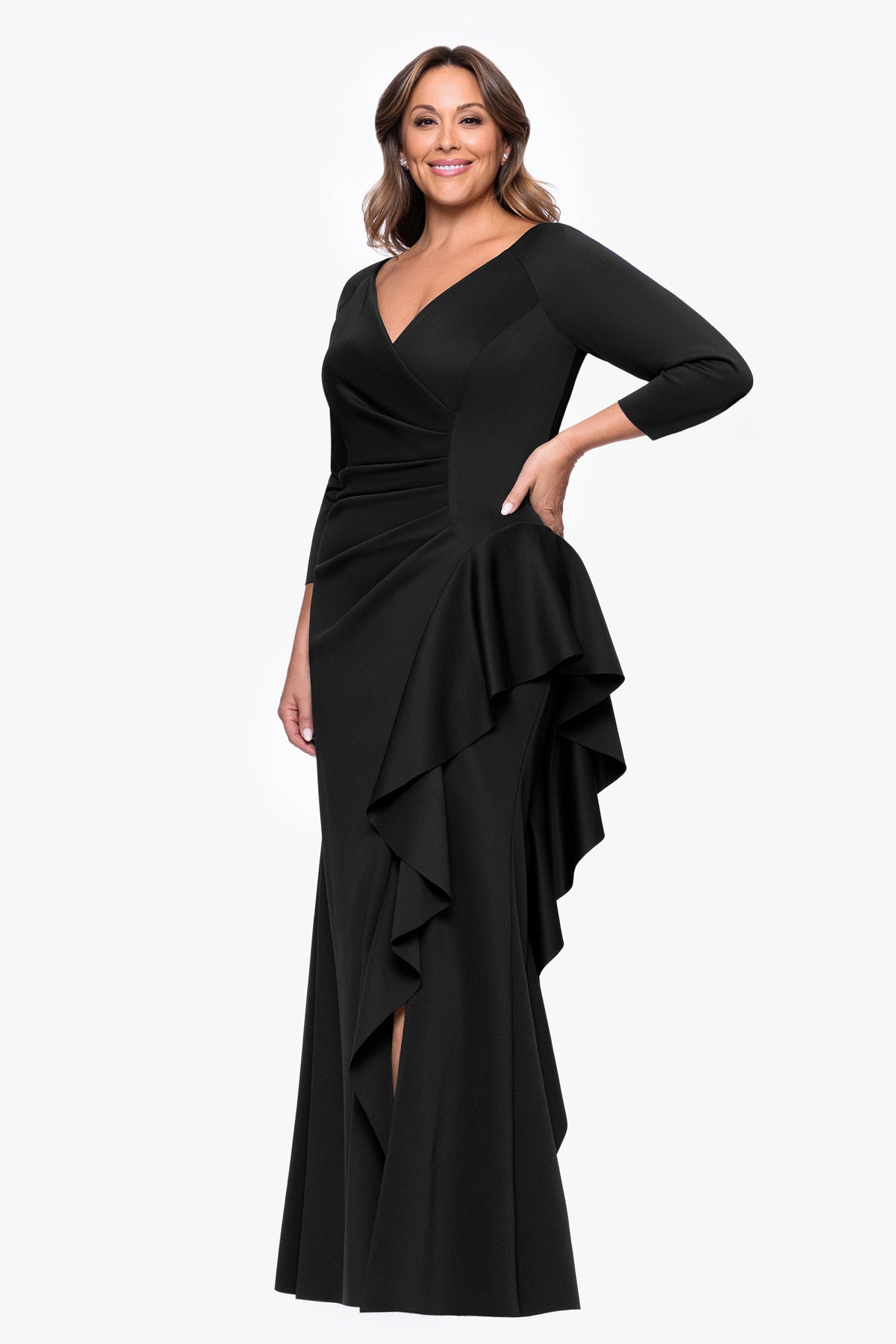 XSCAPE Plus "Amber" Techno Scuba 3/4 Sleeve V-Neck Ruffle Dress