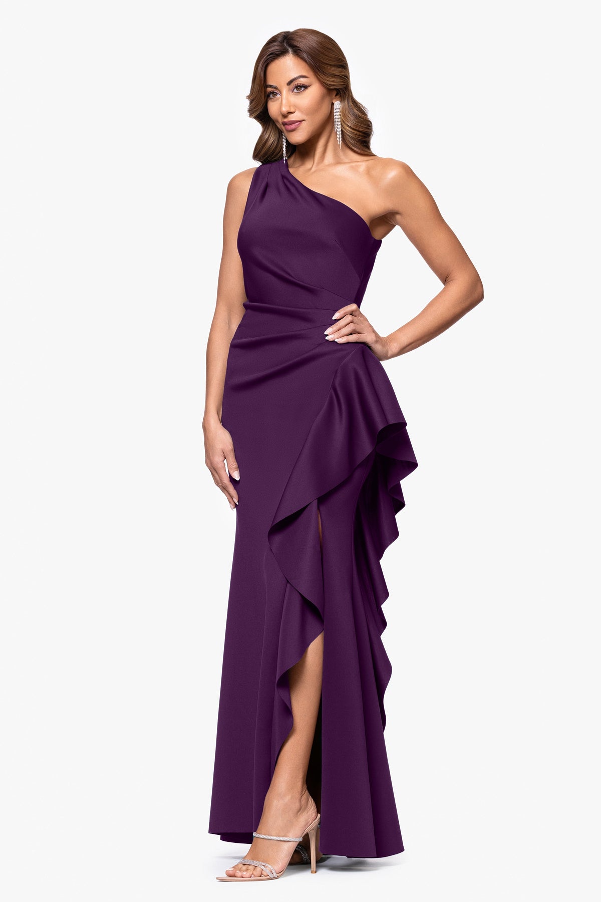 XSCAPE Petite "Flo" Techno Scuba One Shoulder Ruffle Dress