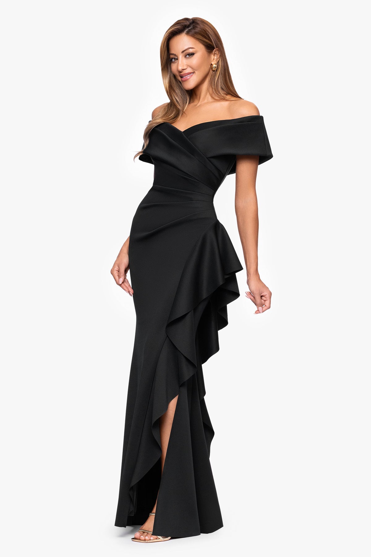 XSCAPE "Pearl" Techno Scuba Off the Shoulder Ruffle Dress