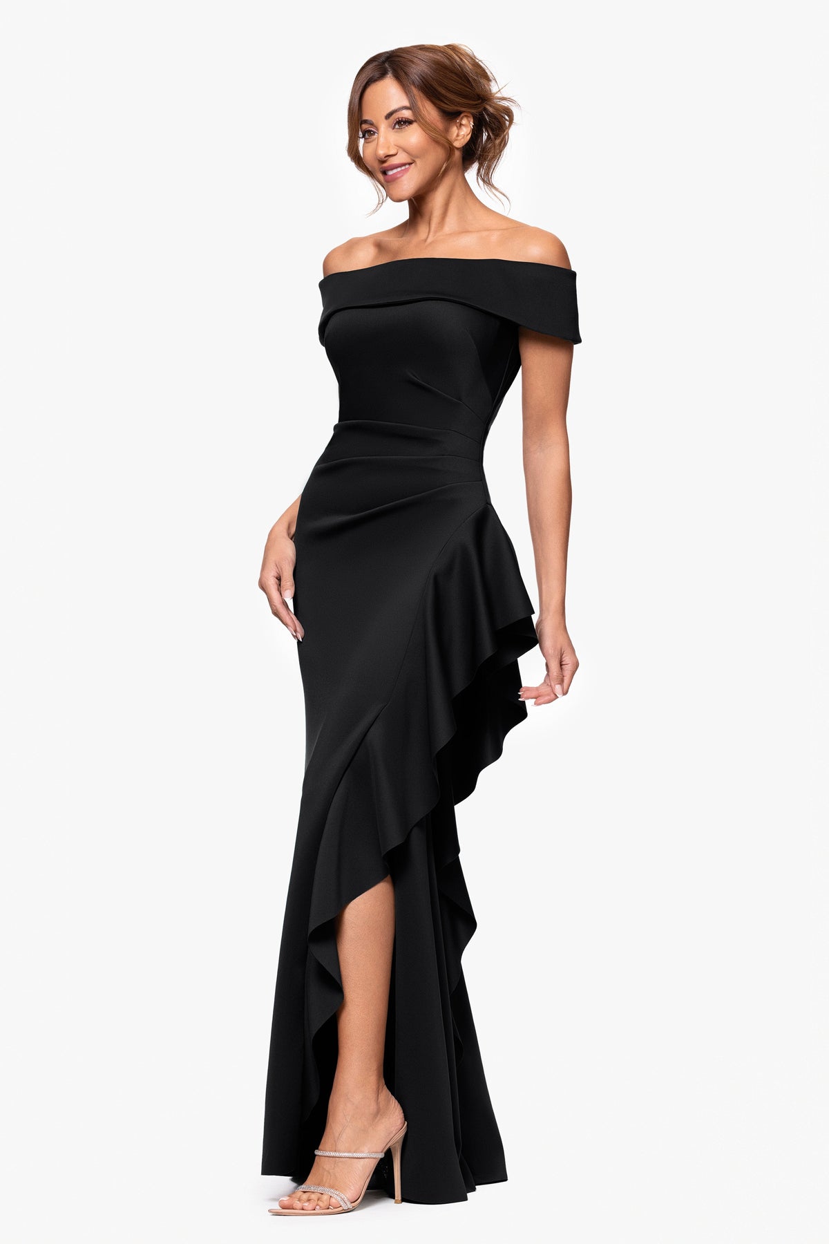 XSCAPE "Dolly" Techno Scuba Off the Shoulder Ruffle Dress
