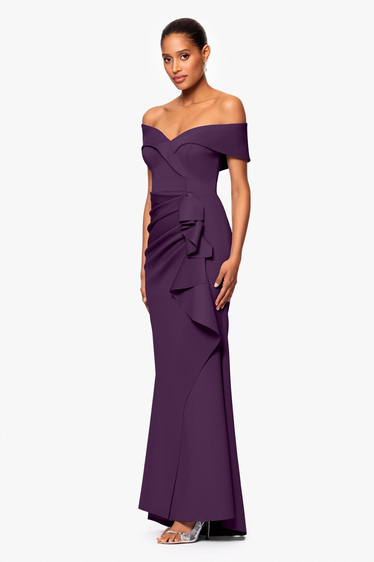 XSCAPE "Patti" Techno Scuba Off The Shoulder Dress