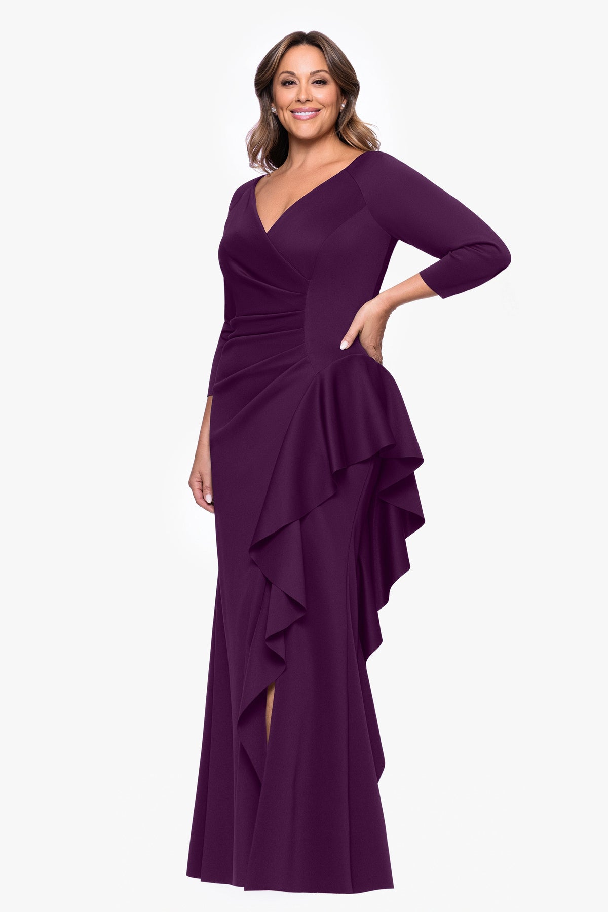 XSCAPE Plus "Amber" Techno Scuba 3/4 Sleeve V-Neck Ruffle Dress