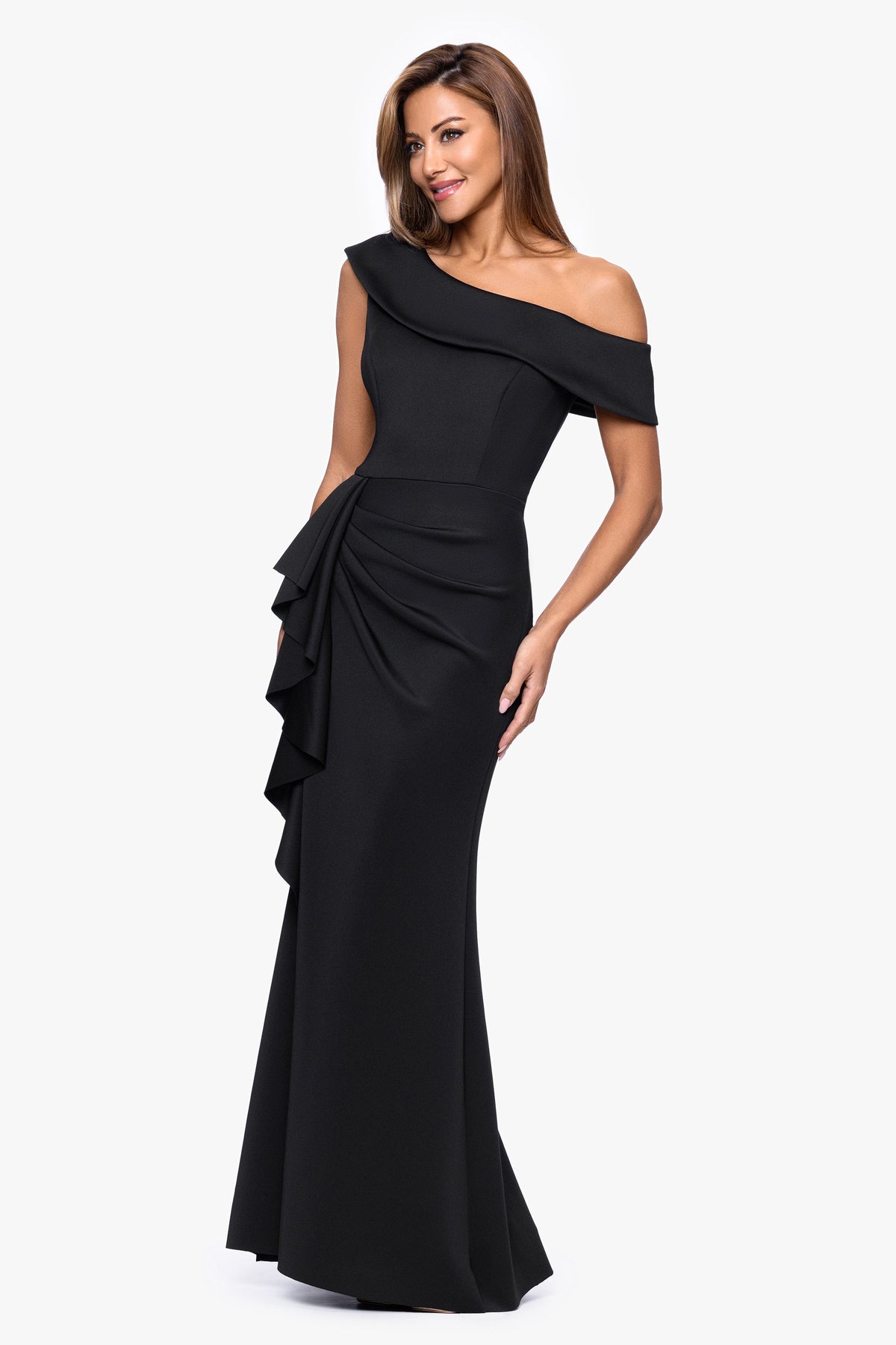 XSCAPE "Valerie" Techno Scuba Off the Shoulder Ruffle Dress