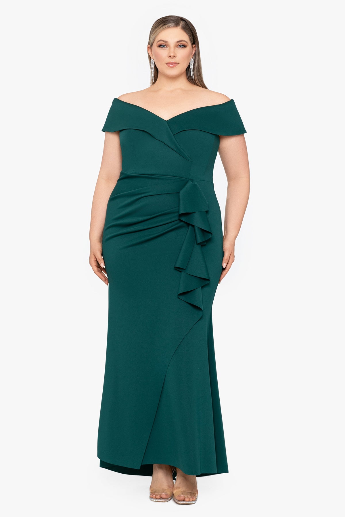 XSCAPE Plus "Patti" Techno Scuba Off The Shoulder Dress