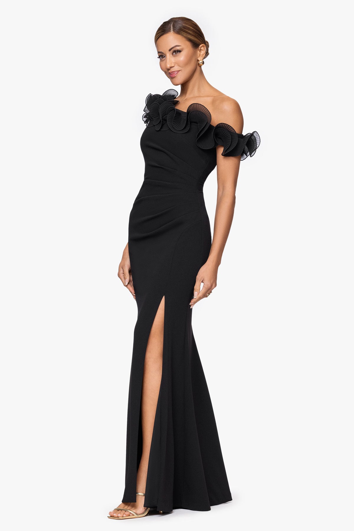 XSCAPE "Delilah" Scuba Crepe Drop Shoulder Chiffon Ruffle Dress