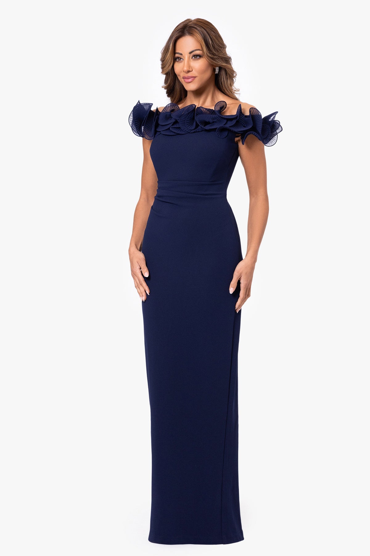 XSCAPE "Jessica" Scuba Crepe Ruffle Wire Neck Dress