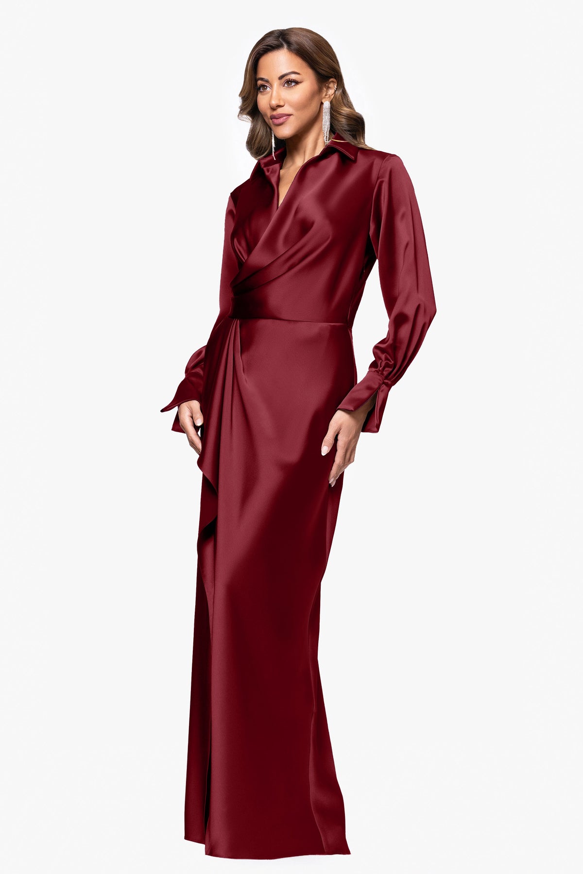 XSCAPE "Emery" Satin Long Sleeve Collared Dress
