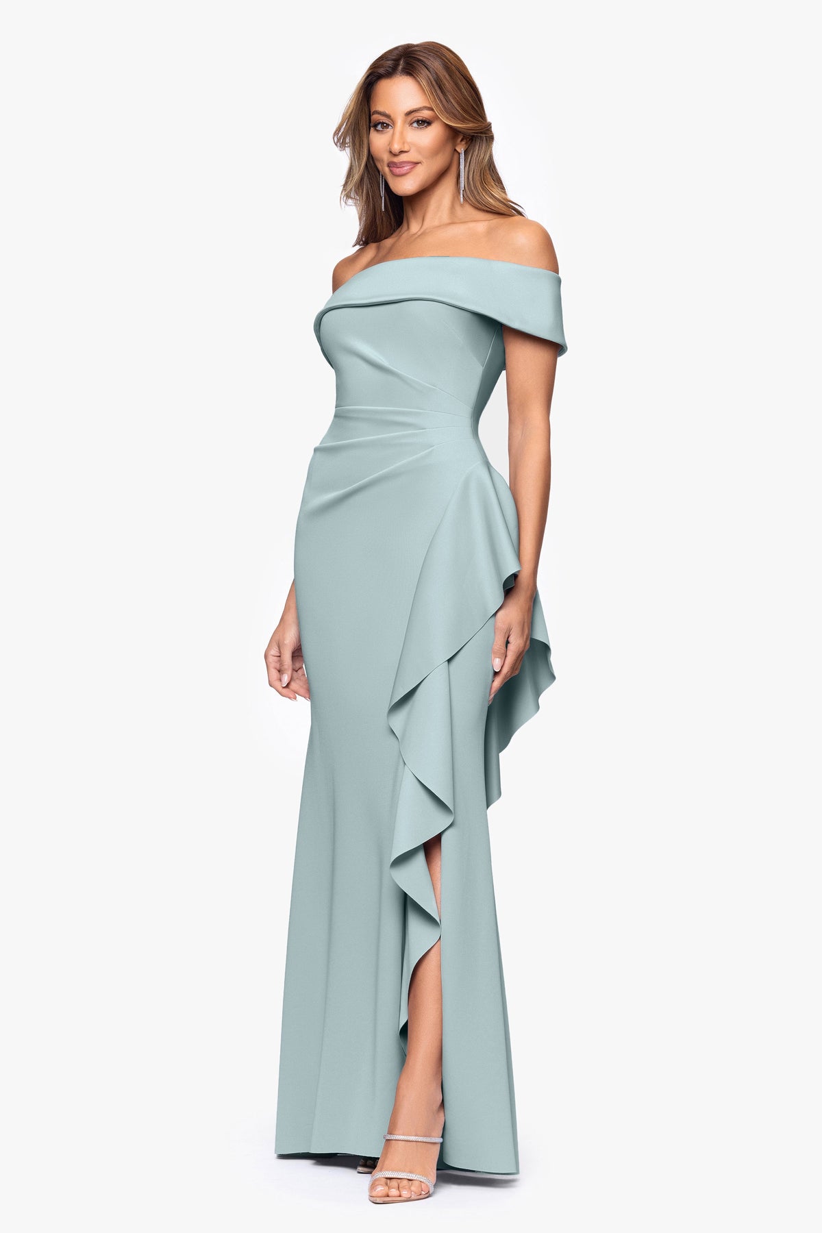 XSCAPE "Dolly" Techno Scuba Off the Shoulder Ruffle Dress