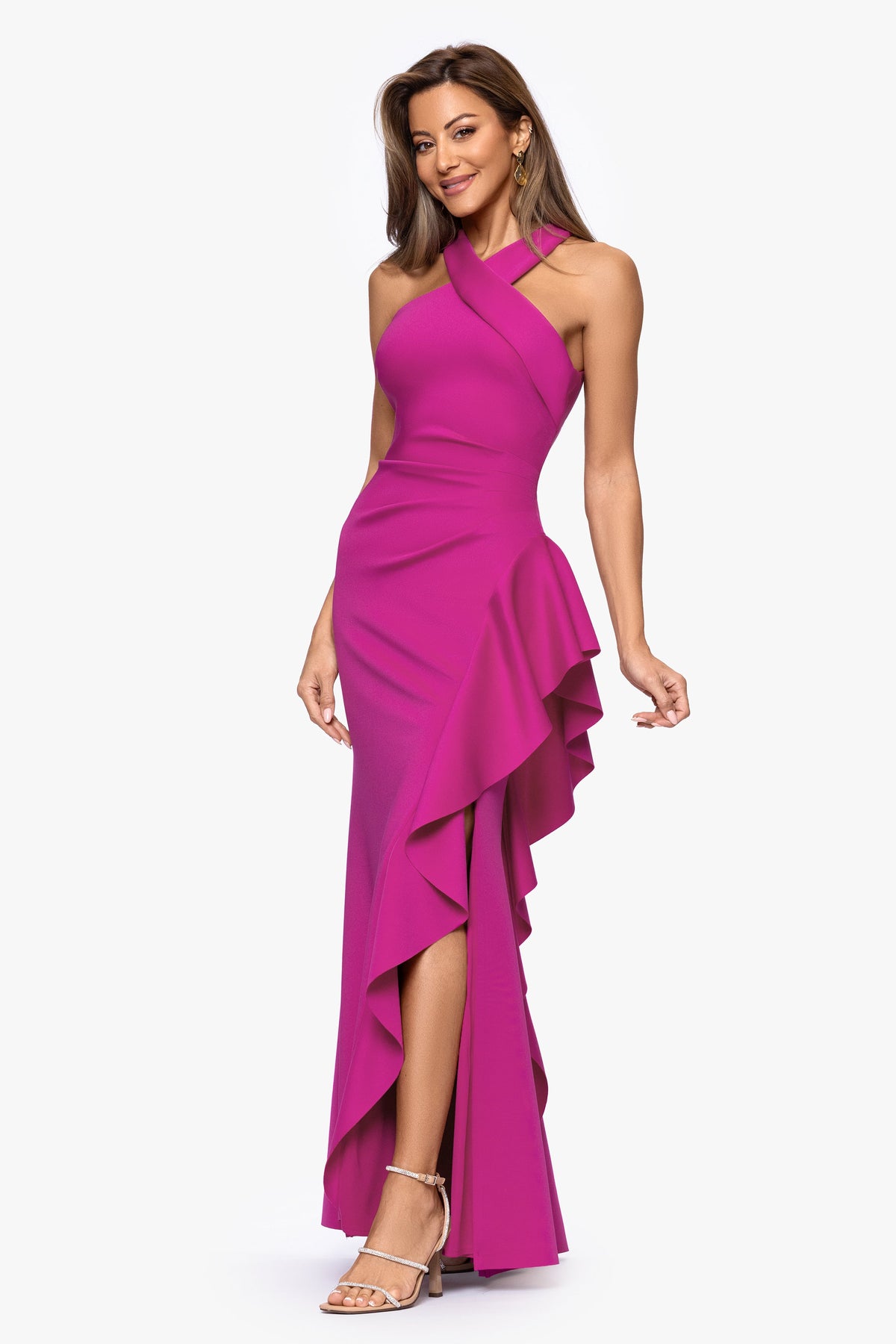 XSCAPE "Gigi" Techno Scuba Cross Neck Dress