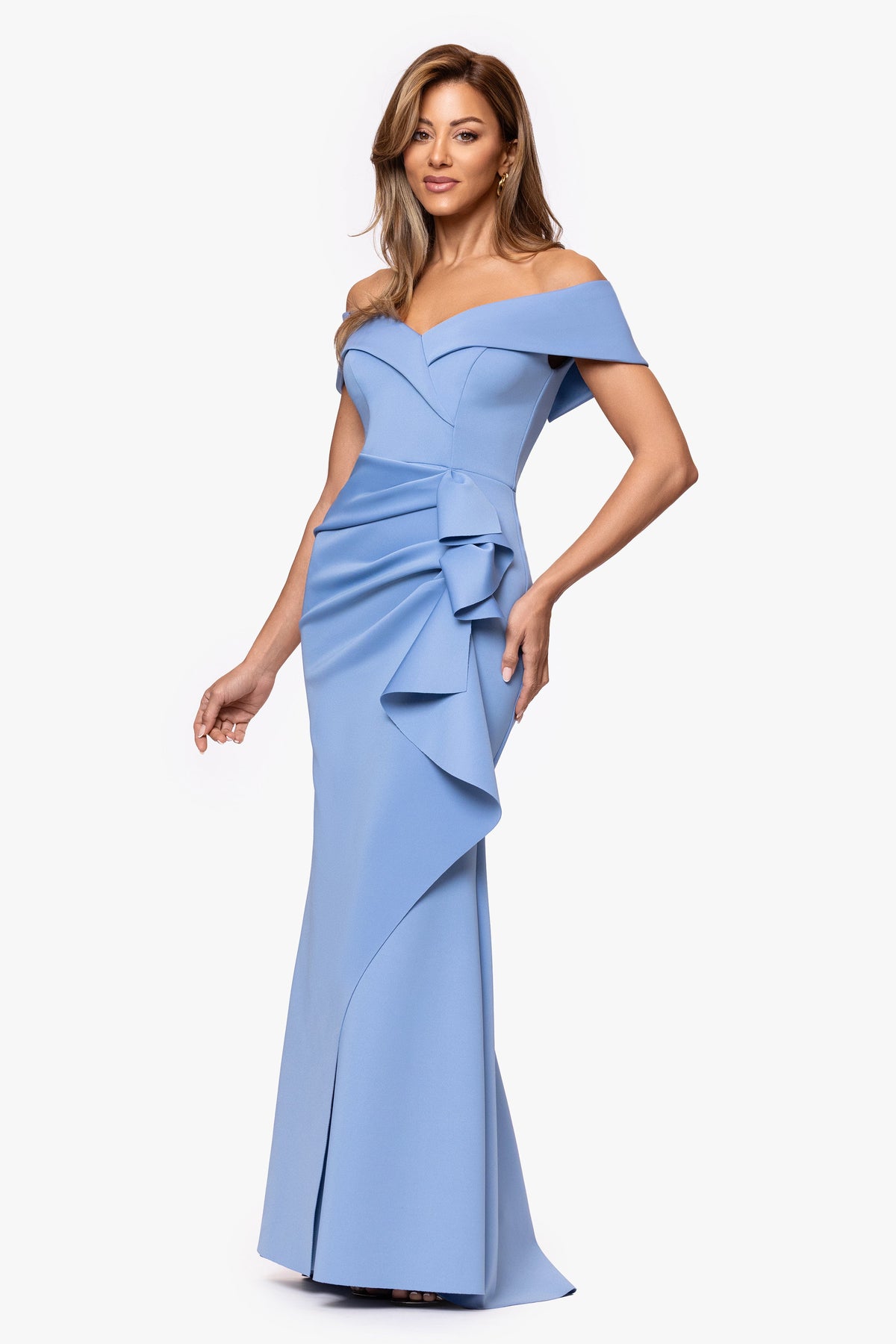 XSCAPE "Patti" Techno Scuba Off The Shoulder Dress