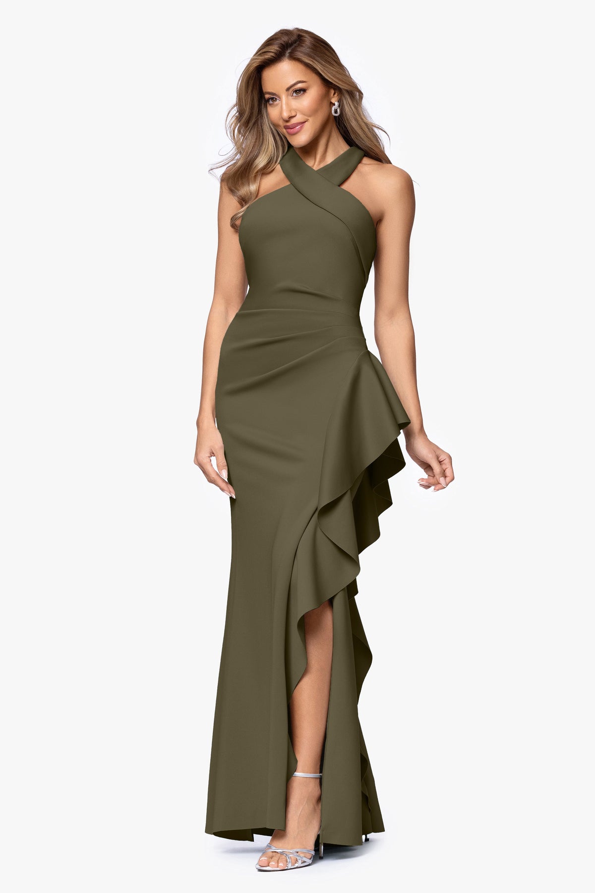 XSCAPE "Gigi" Techno Scuba Cross Neck Dress