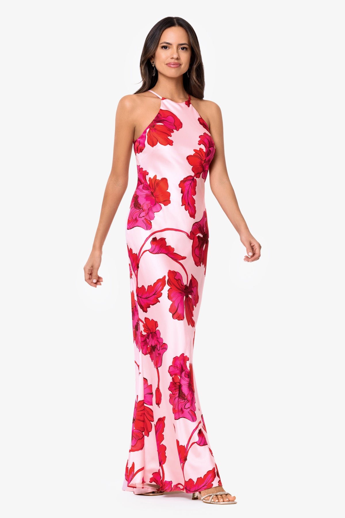 XSCAPE "Sienna" Printed Satin Tie Neck Dress