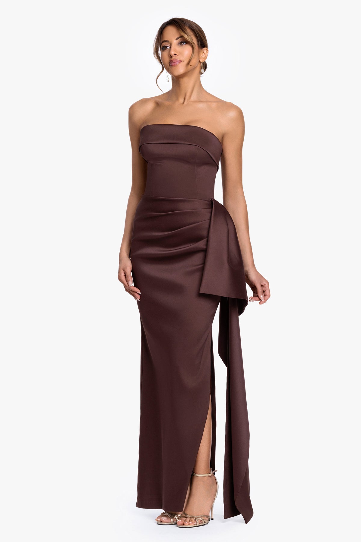 XSCAPE "Remi" Satin Strapless Side Ruffle Dress