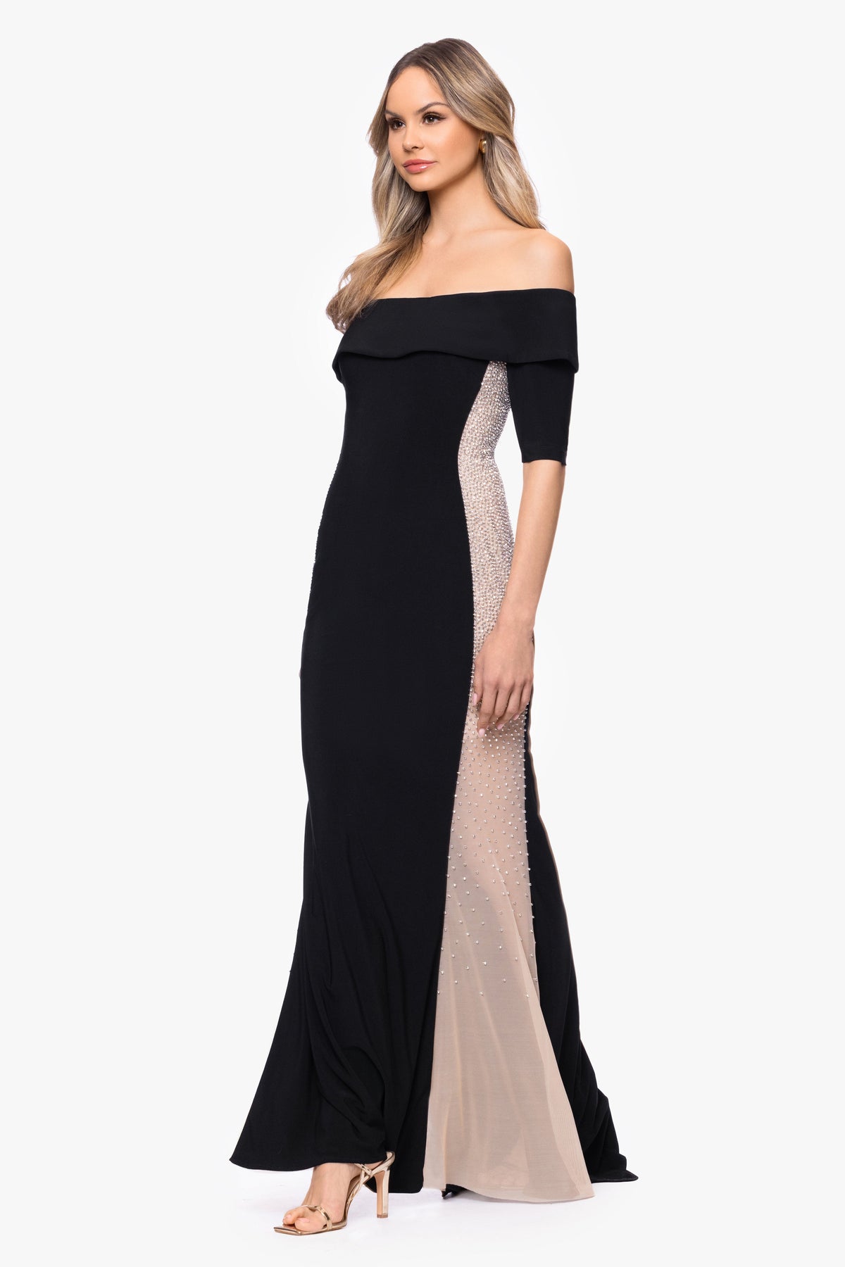XSCAPE "Alice" Jersey Knit Off The Shoulder Caviar Dress