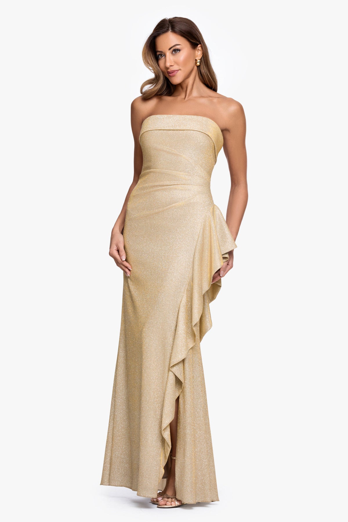 XSCAPE "Elena" Metallic Strapless Side Ruffle Dress