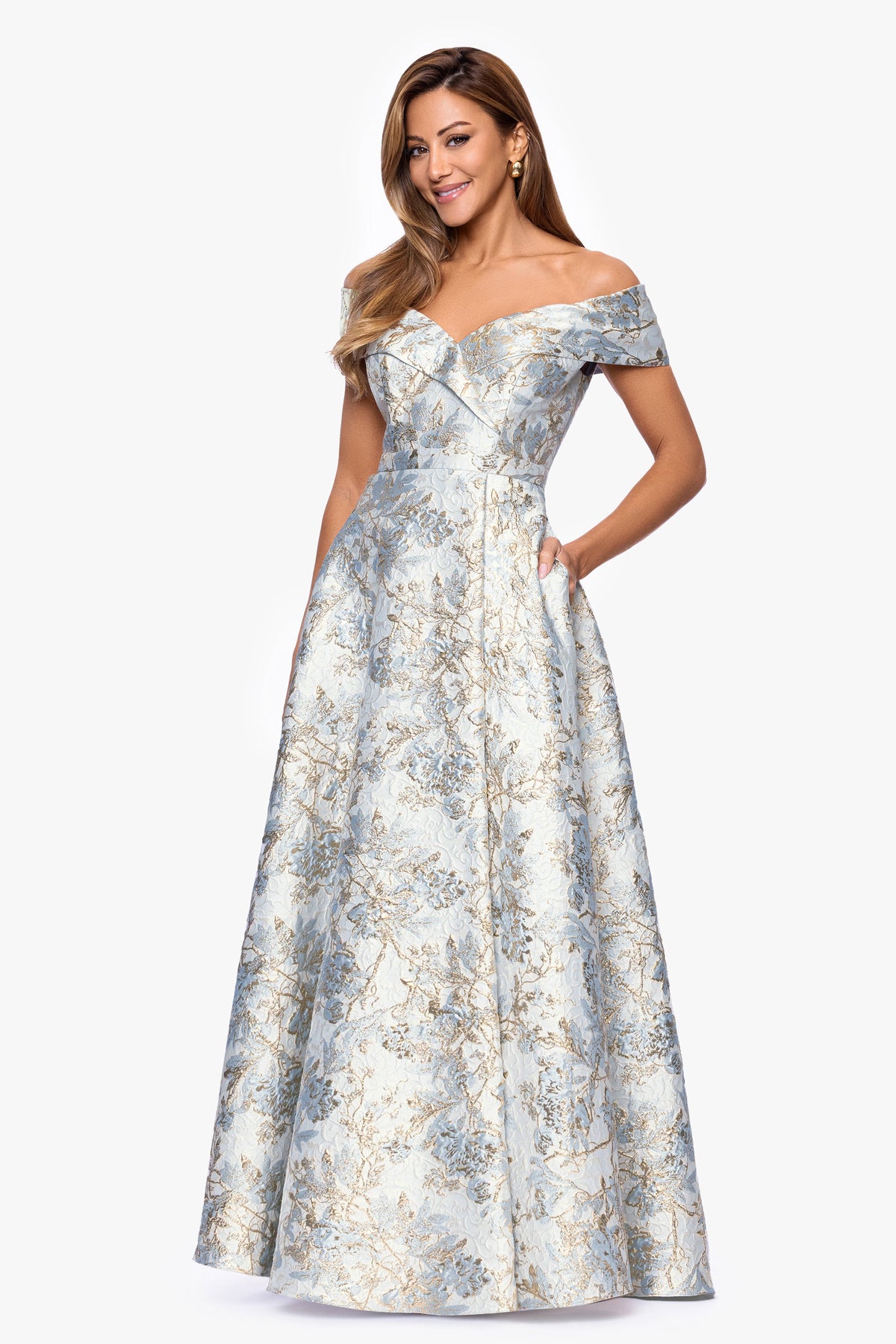 XSCAPE "Melissa" Brocade Off the Shoulder V-Neck Ballgown