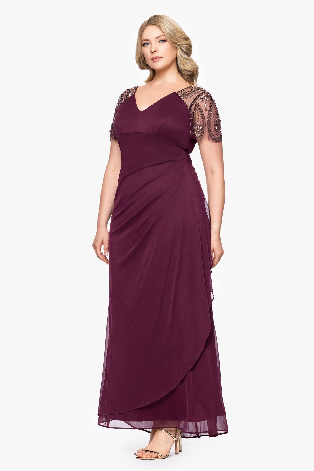 XSCAPE Plus "Lana" Sheer Matte Jersey Beaded Flutter Sleeve Dress
