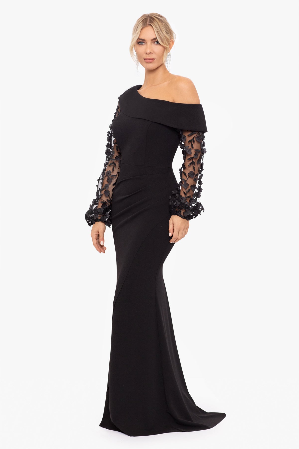 XSCAPE Petite "Ariana" Off the Shoulder Long Sleeve Scuba Crepe Dress