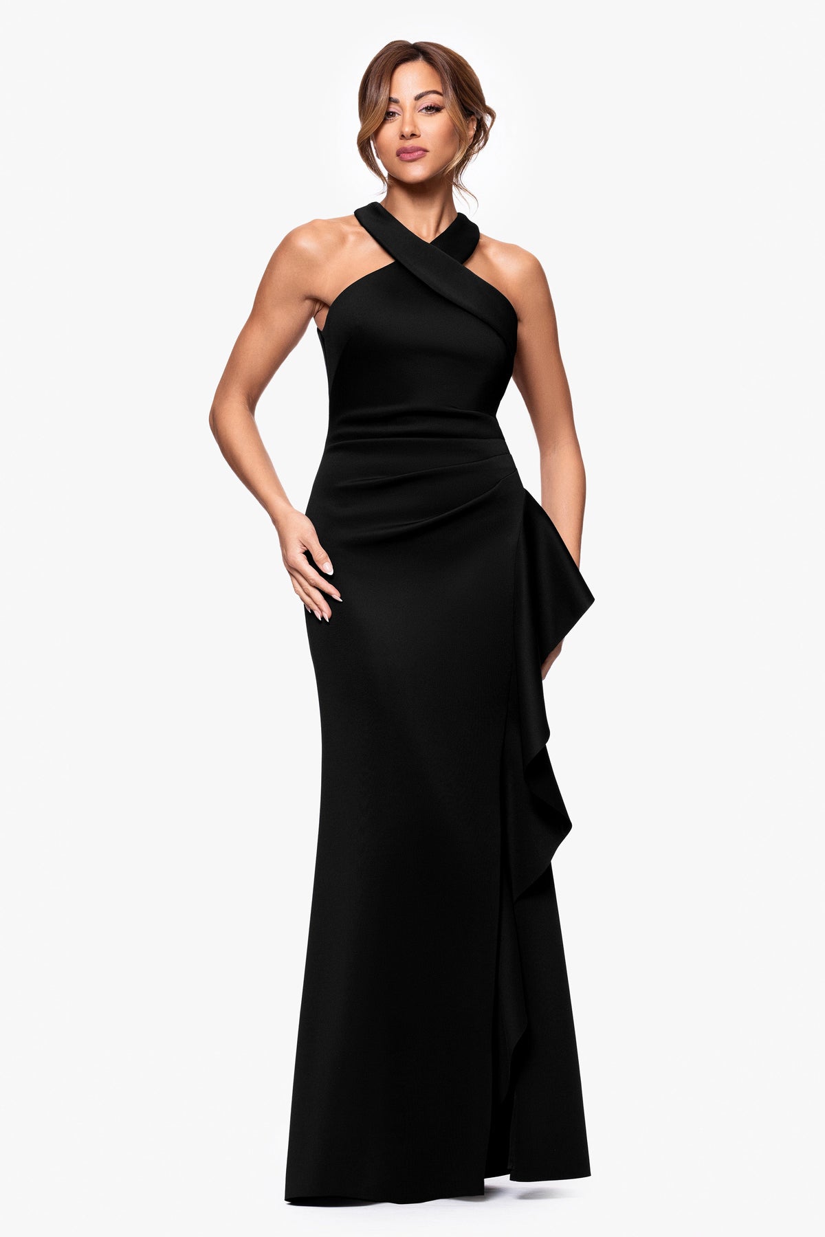 XSCAPE "Gigi" Techno Scuba Cross Neck Ruffle Dress