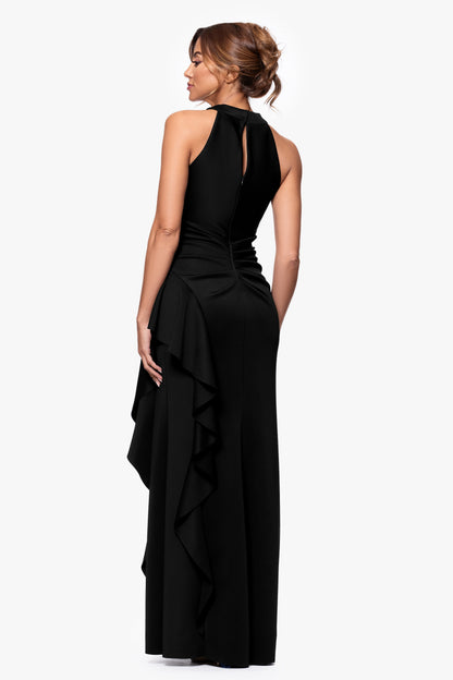 XSCAPE "Gigi" Techno Scuba Cross Neck Ruffle Dress