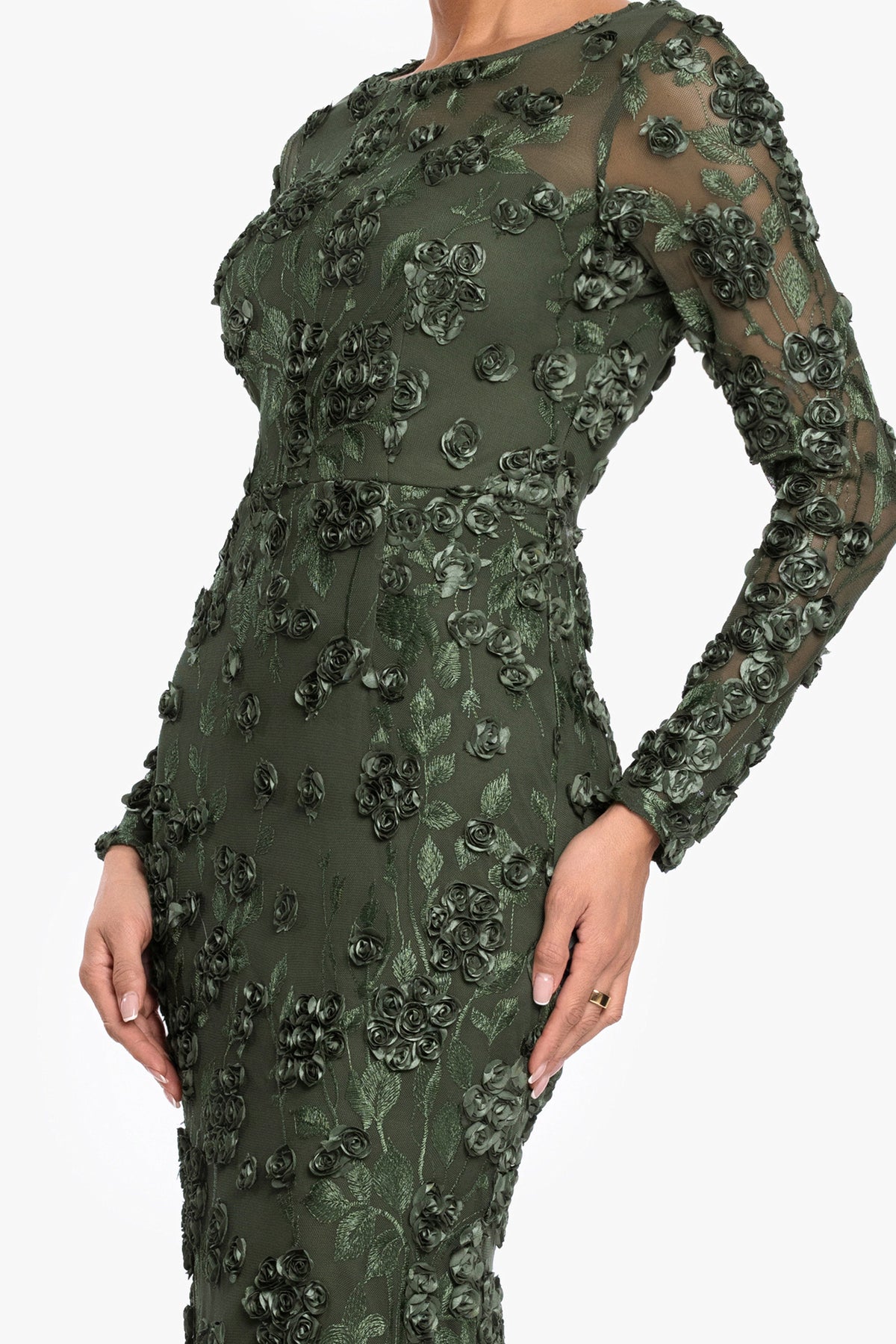 XSCAPE "Ruby" Raised Flowers Long Sleeve Dress