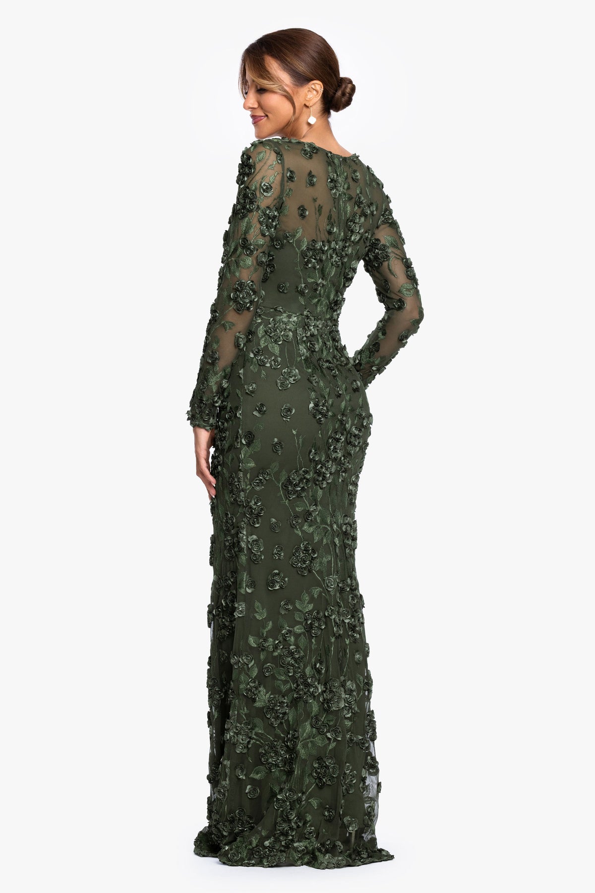 XSCAPE "Ruby" Raised Flowers Long Sleeve Dress