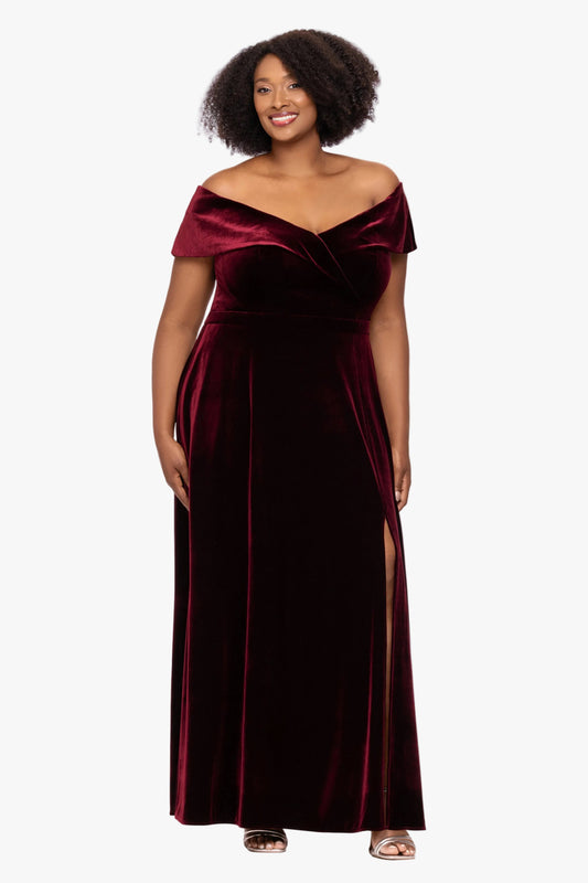 XSCAPE "Candace" Velvet Off Shoulder Gown